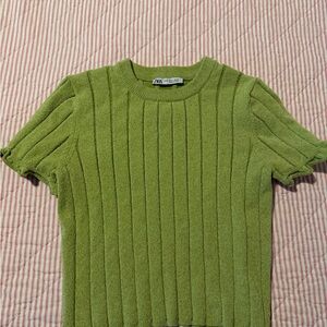 Zara Lime Green Ribbed Short Sleeve Knit Top